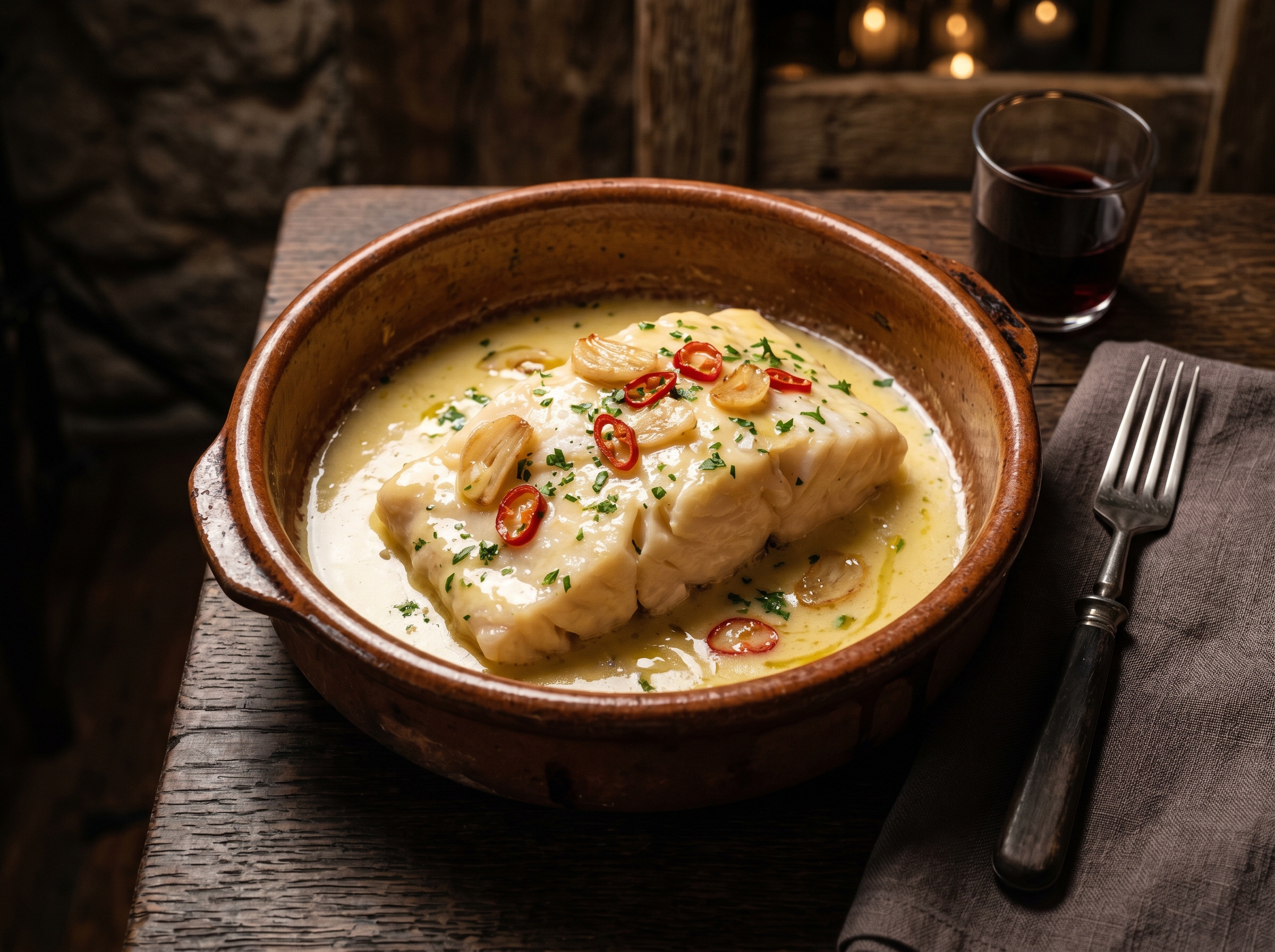 Hero shot: lomo de bacalao con pil-pil caramelizado, ajo y guindilla en cazuela tradicional vasca