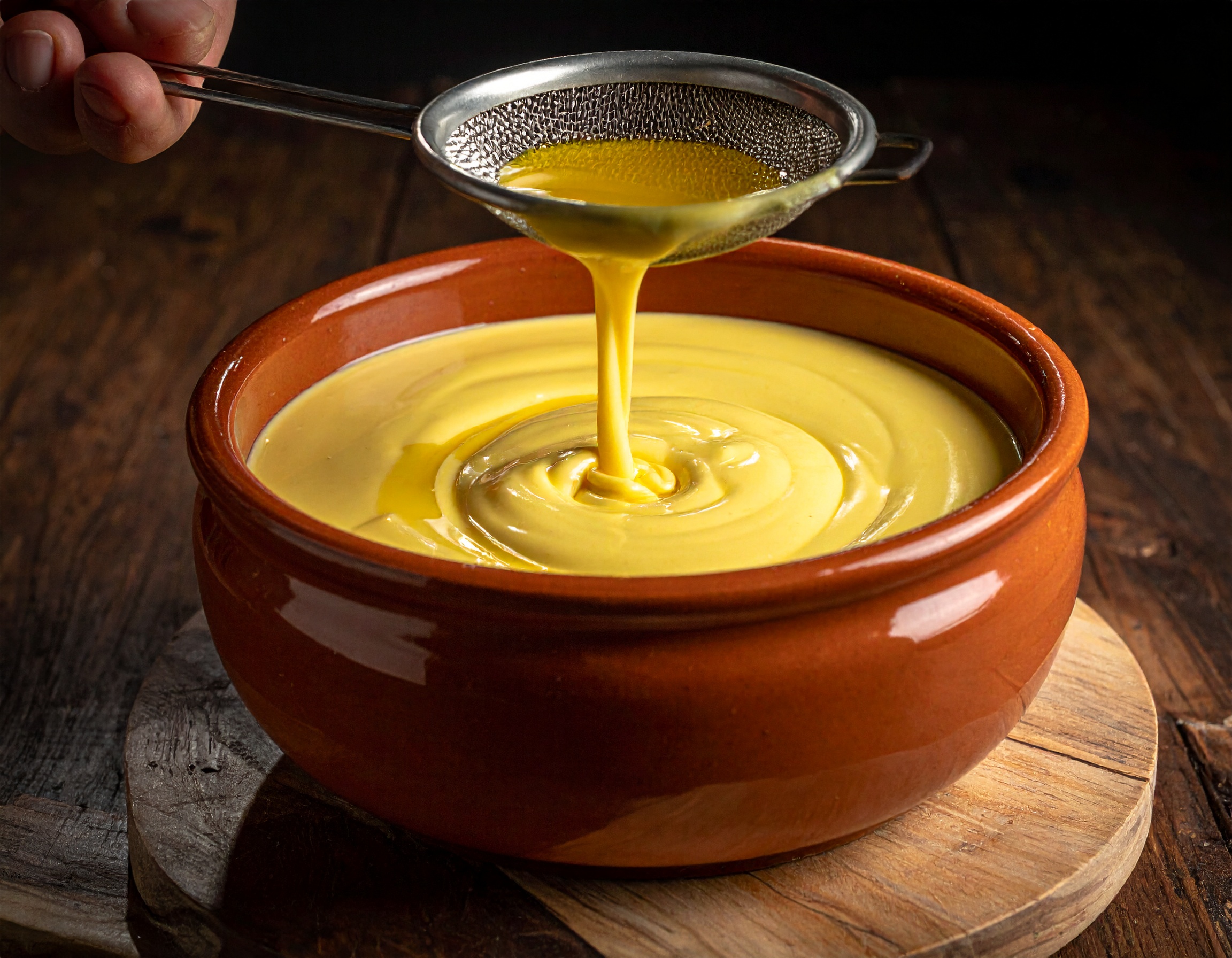 Ligando la salsa pil-pil con colador en círculos hasta emulsionar a amarilla pálida