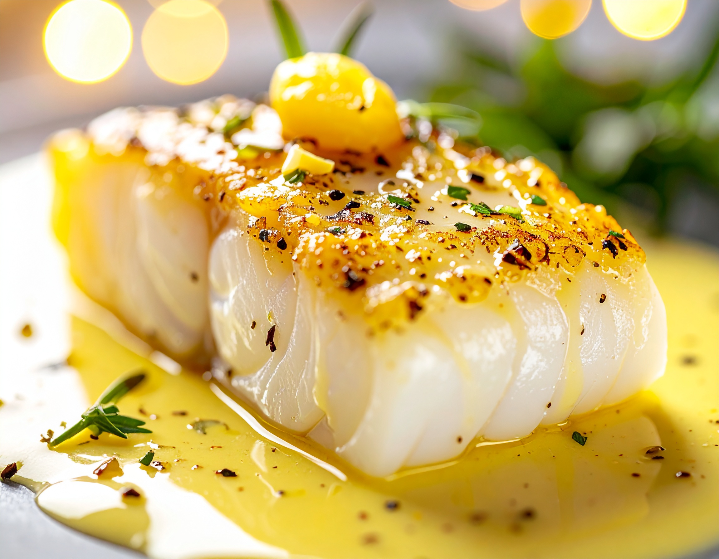 Macro del lomo de bacalao con la piel cubierta de salsa pil-pil amarilla brillante