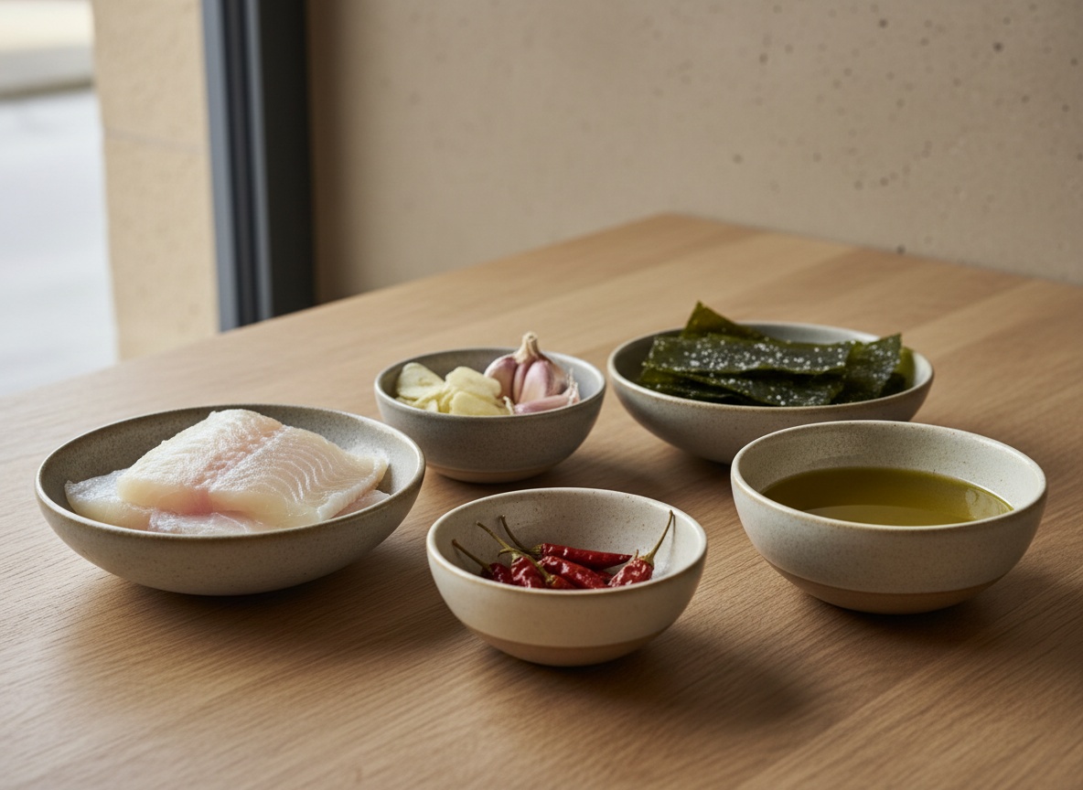 Ingredientes de la receta —lomos de Skrei, ajo, alga kombu, guindilla y aceite de oliva— en cuencos de cerámica artesanal sobre tabla de roble, vistos de lado en ángulo de 45°, con luz natural desde la izquierda.