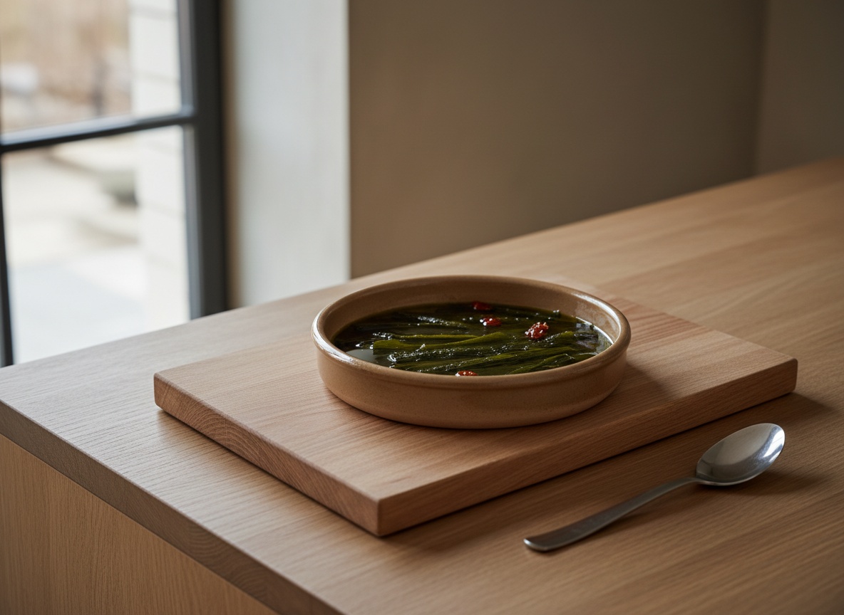 Tira de alga kombu infusionándose en aceite de oliva templado en una cazuela sobre tabla de roble.