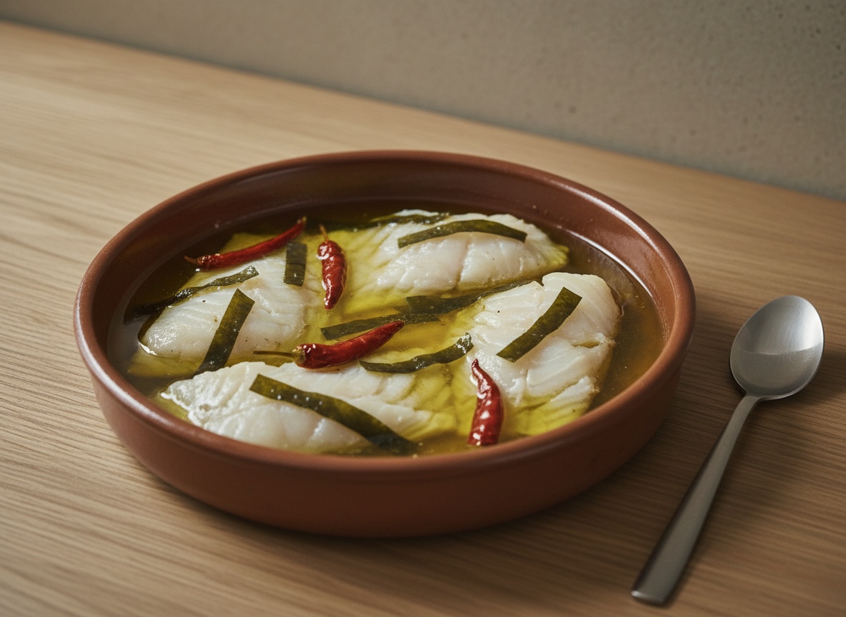 Lomos de Skrei con la piel hacia abajo confitándose en aceite de oliva a baja temperatura.
