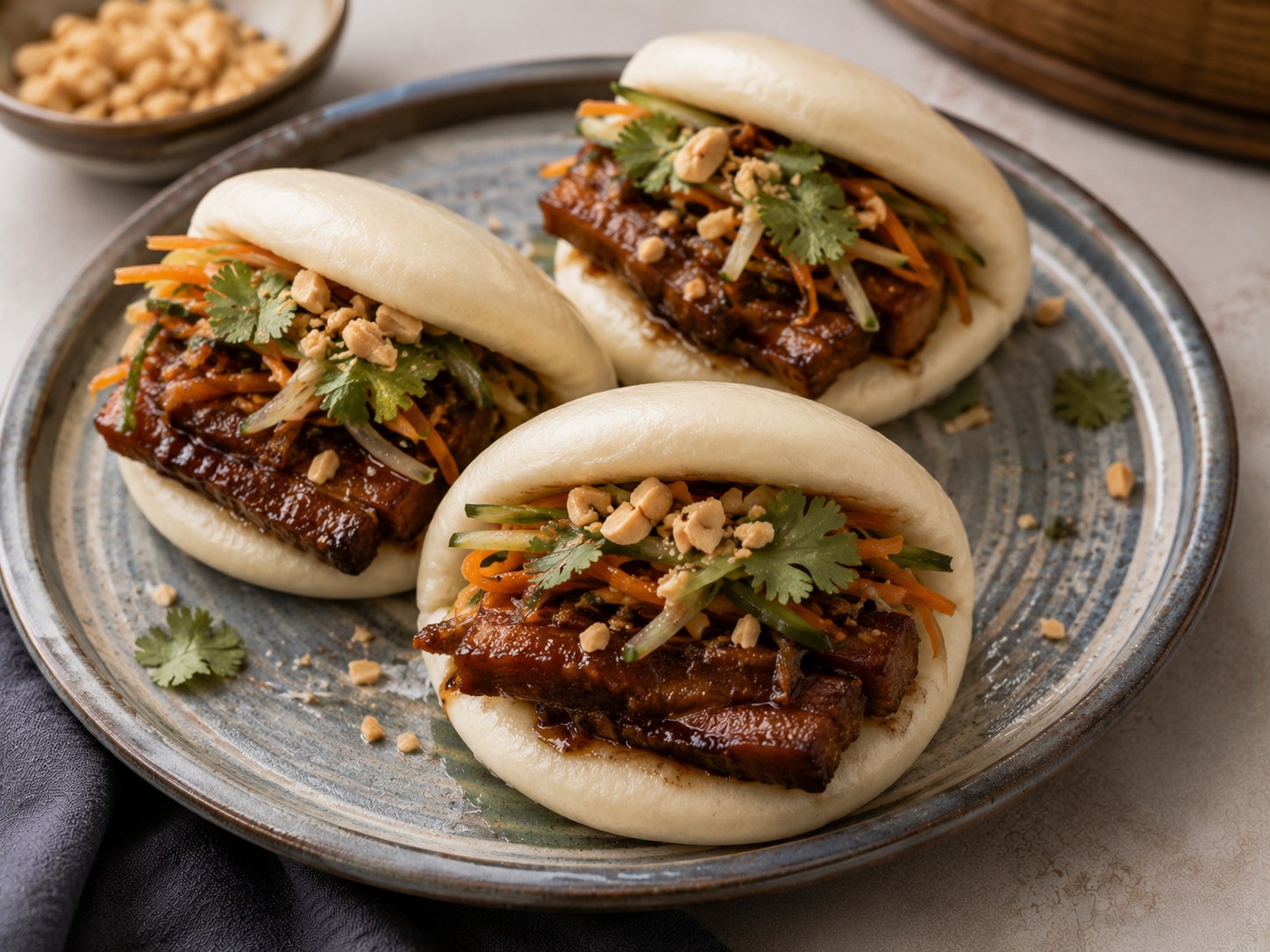 Bao bun taiwanés al vapor, blanco y esponjoso, plegado en concha y relleno de panceta braseada, encurtidos, cilantro y cacahuete.