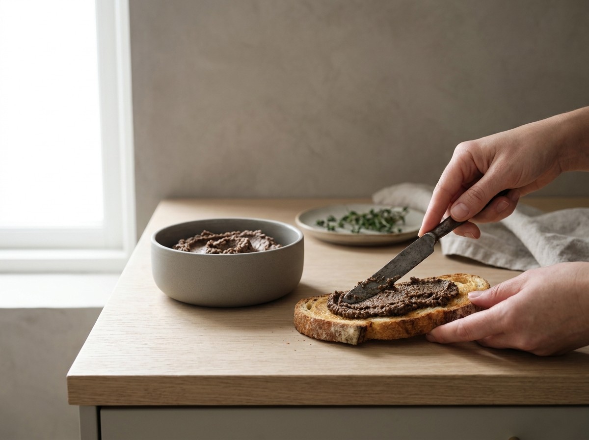 Pan tostado untándose con el majado de interiores