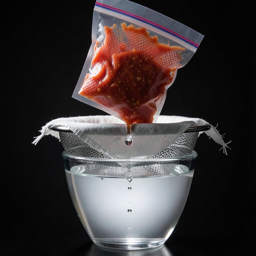 Agua de tomate cristalina goteando sobre muselina