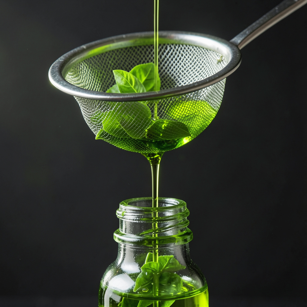 Aceite de albahaca verde esmeralda colándose
