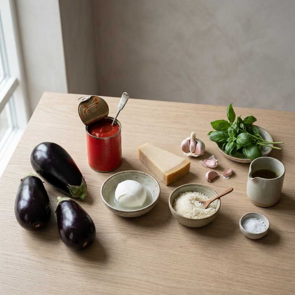 Ingredientes de la berenjena a la parmesana en flat lay: berenjenas, lata de tomate San Marzano, mozzarella, parmesano, ajo, albahaca fresca, aceite de oliva y sal sobre encimera de roble