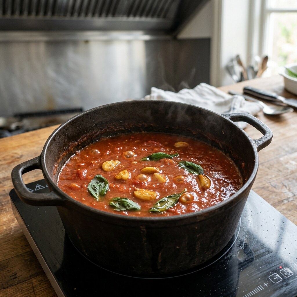 Salsa de tomate San Marzano cociéndose con ajo y albahaca en un cazo