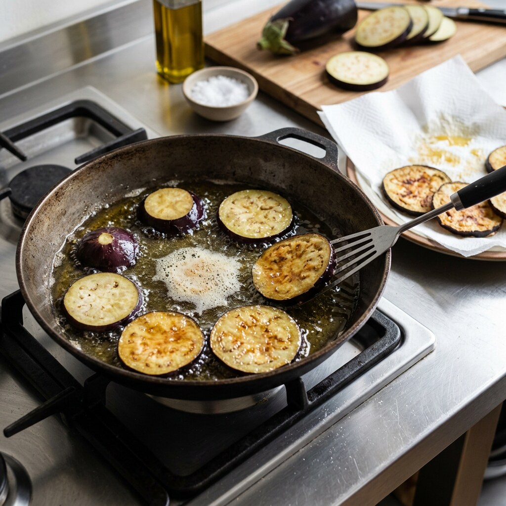 Láminas de berenjena friéndose doradas en aceite caliente