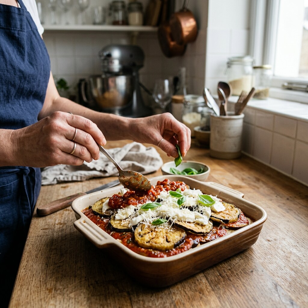 Montaje por capas de berenjena, salsa de tomate, mozzarella, parmesano y albahaca en una fuente de horno