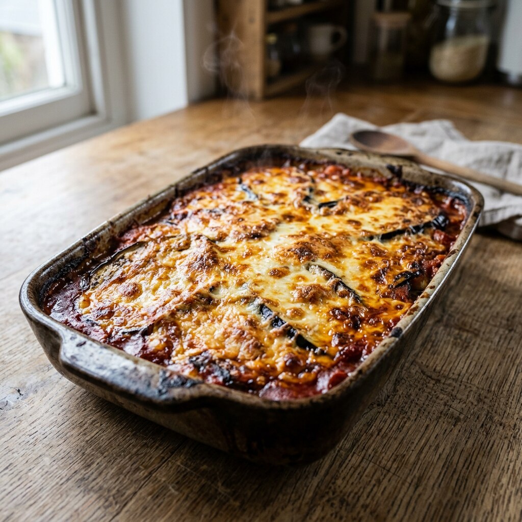 Berenjena a la parmesana gratinándose dorada y burbujeante en el horno