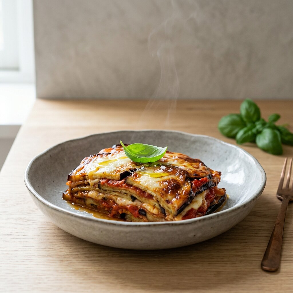 Ración de berenjena a la parmesana con capas de berenjena dorada, salsa de tomate San Marzano, mozzarella y parmesano gratinados, coronada con albahaca fresca, en cuenco de cerámica gris piedra