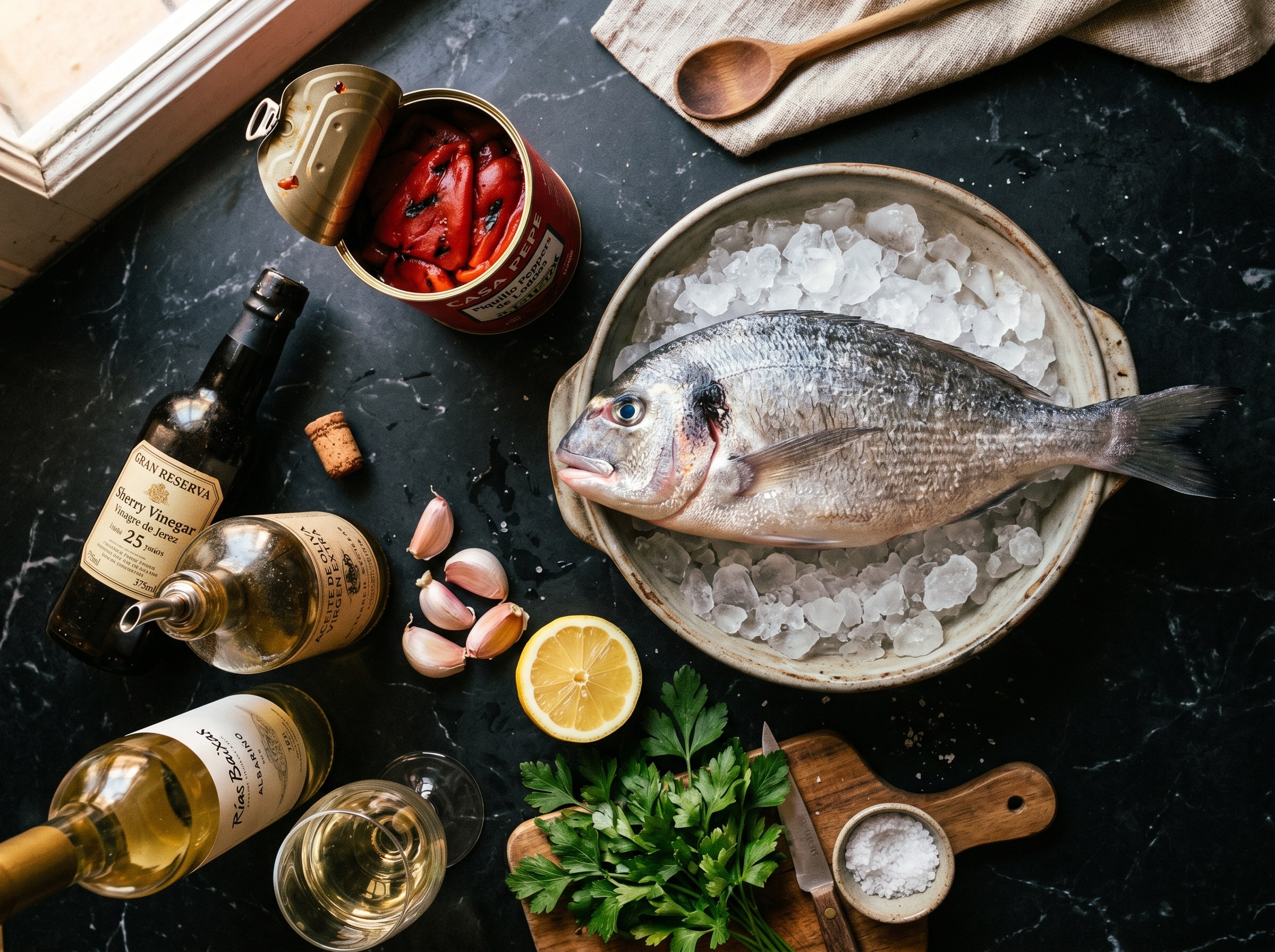 Ingredientes besugo al horno: besugo fresco, pimientos del piquillo, vinagre de Jerez, aceite, ajo