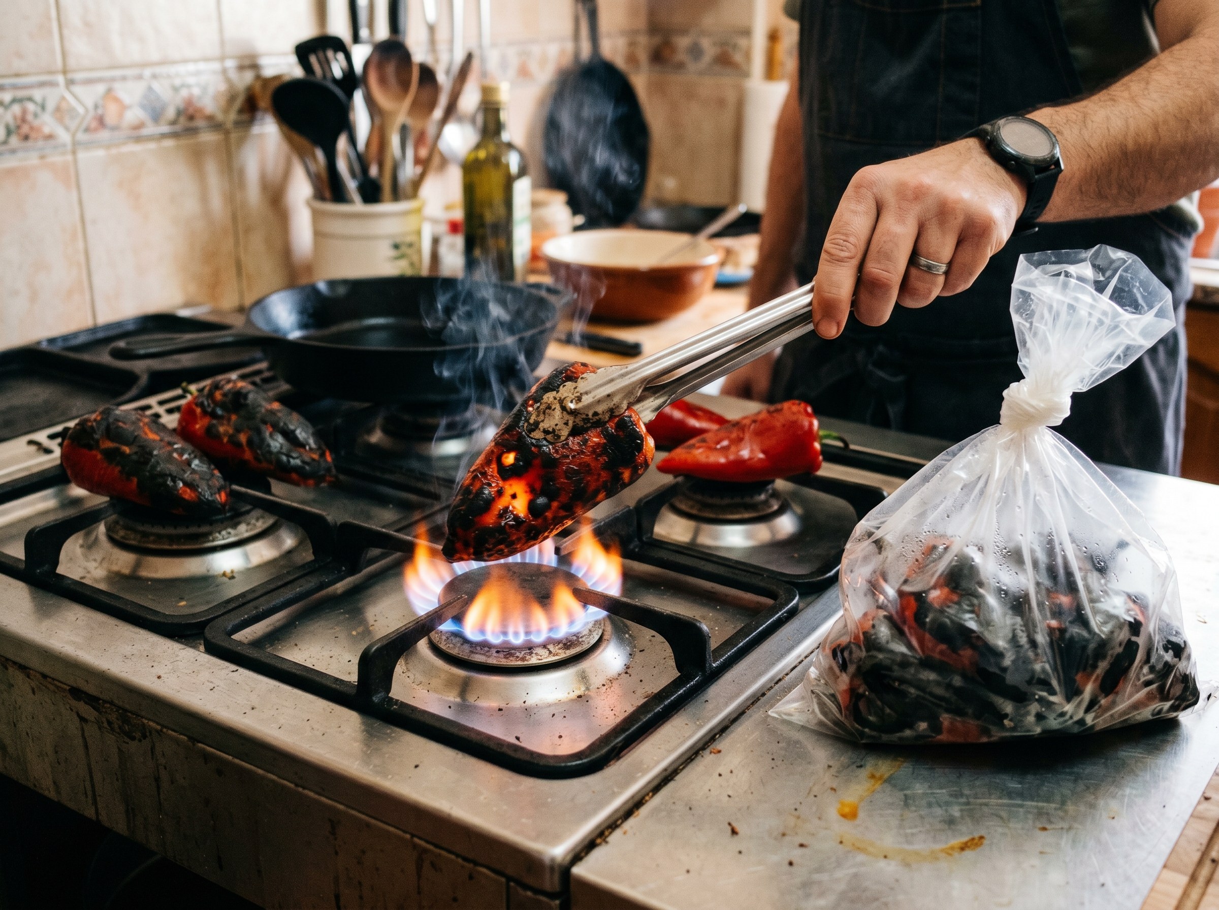 Pimientos del piquillo asándose directamente en la llama del gas hasta que la piel se chamusca