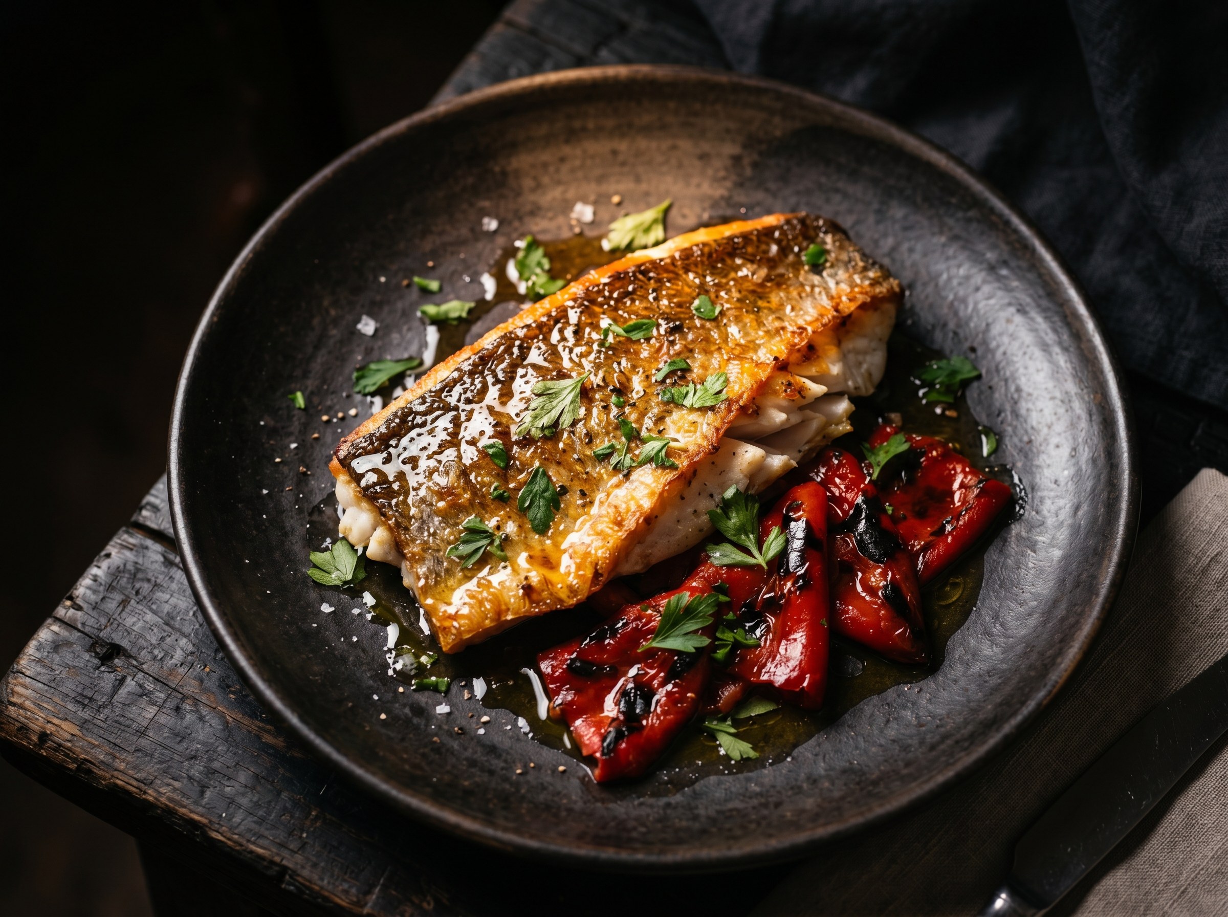 Besugo al horno con pimientos del piquillo asados y vinagre de Jerez