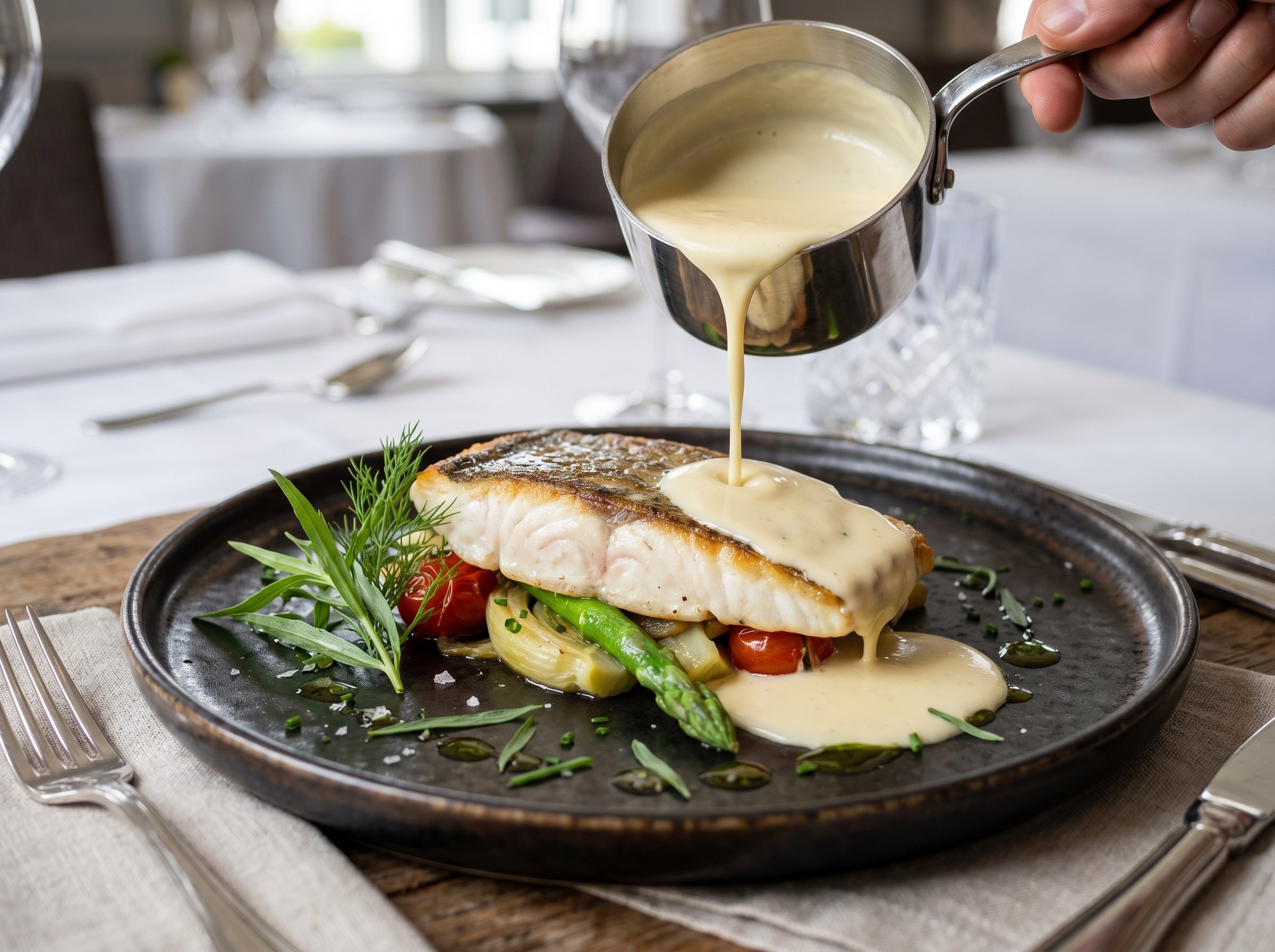 Beurre blanc vertido sobre filete de lubina