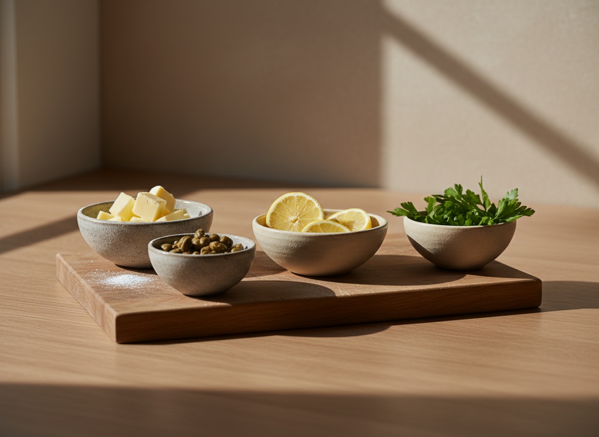 Mantequilla en dados, alcaparras, limón y perejil en cuencos de cerámica vistos de lado a 45 grados sobre tabla de roble, luz de día por la izquierda, estilo editorial La Pasión en la Cocina