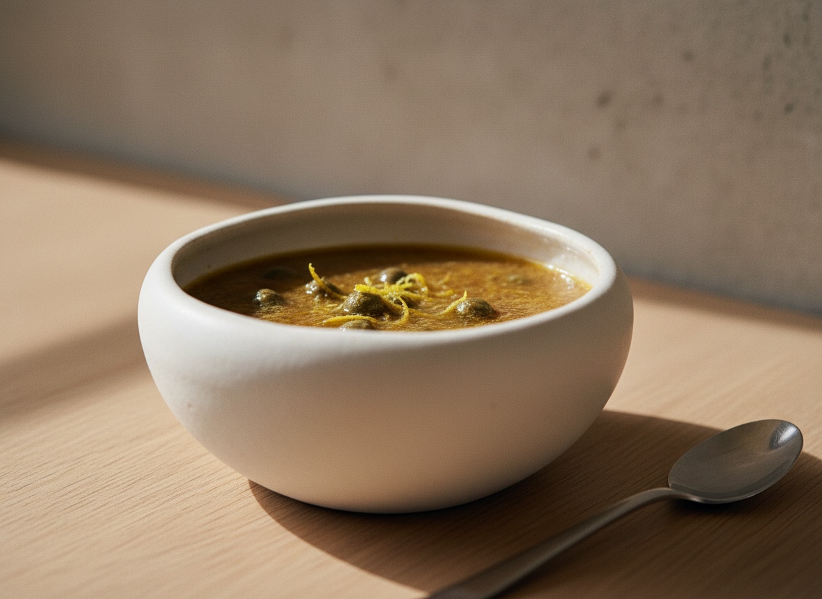 Salsera de cerámica hueso con beurre noisette dorada, motas de sólido lácteo tostado, alcaparras y ralladura de limón, sobre tabla de roble con luz de día por la izquierda, estilo editorial La Pasión en la Cocina