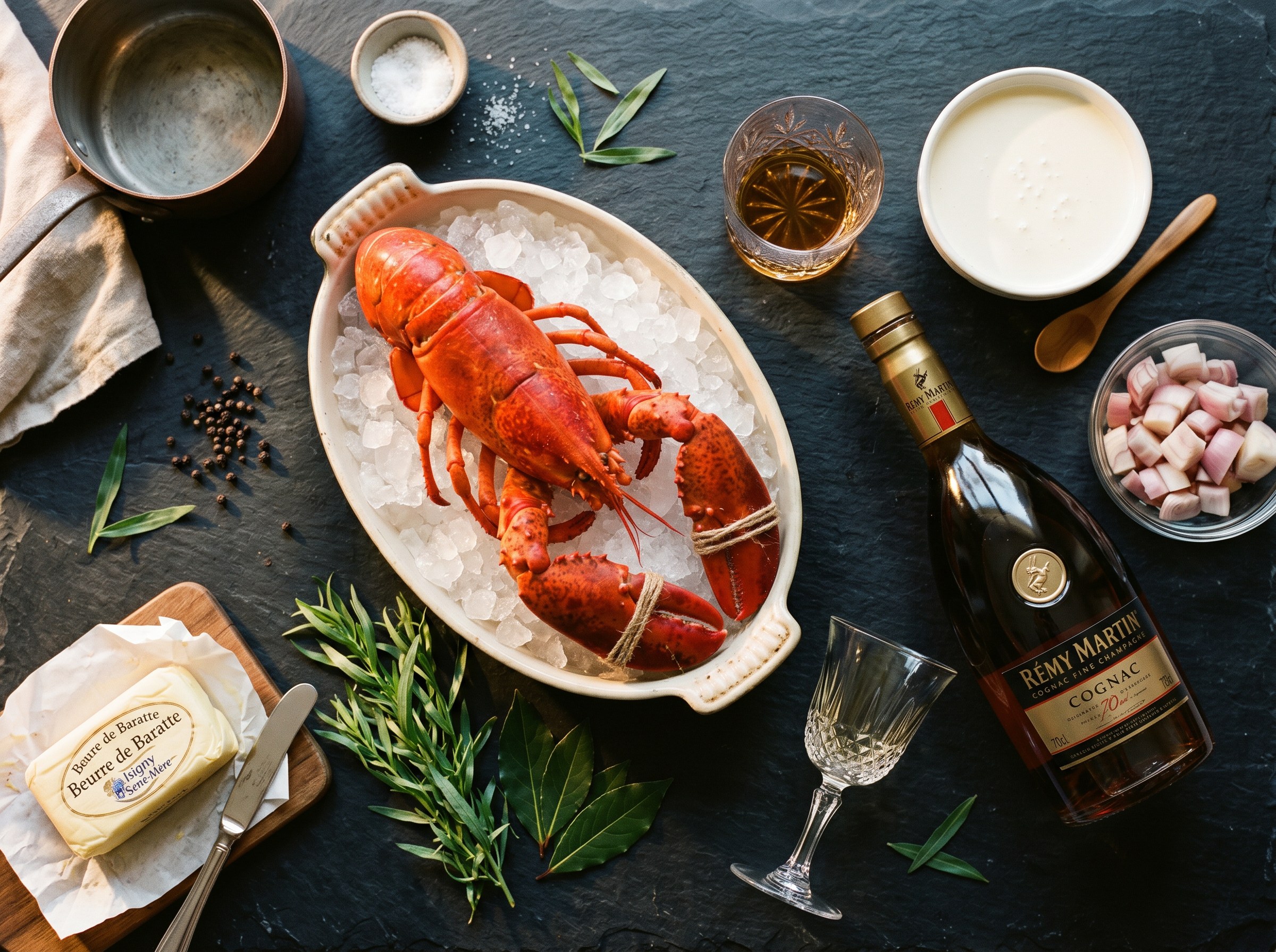 Ingredientes bisque de bogavante: carcasas, conac, mirepoix, nata, tomate, estragon