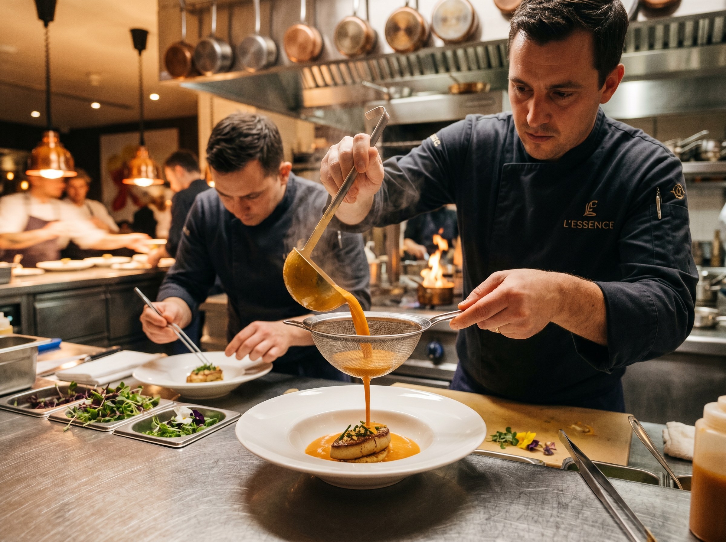 Bisque de bogavante siendo emplatado en cuenco caliente con nata montada