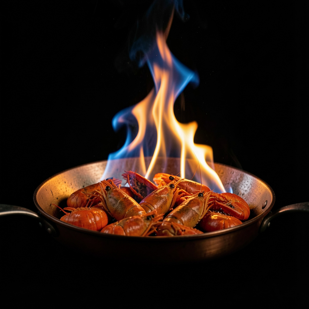 Flambeado de carcasas de bogavante con conac, llamas azul/naranja dramaticas en cazuela de cobre
