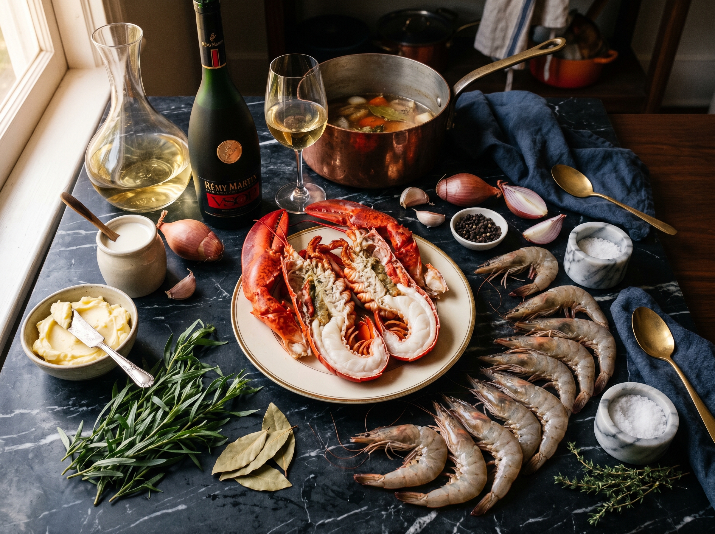 Flat lay ingredientes del bisque de bogavante con foie y terra