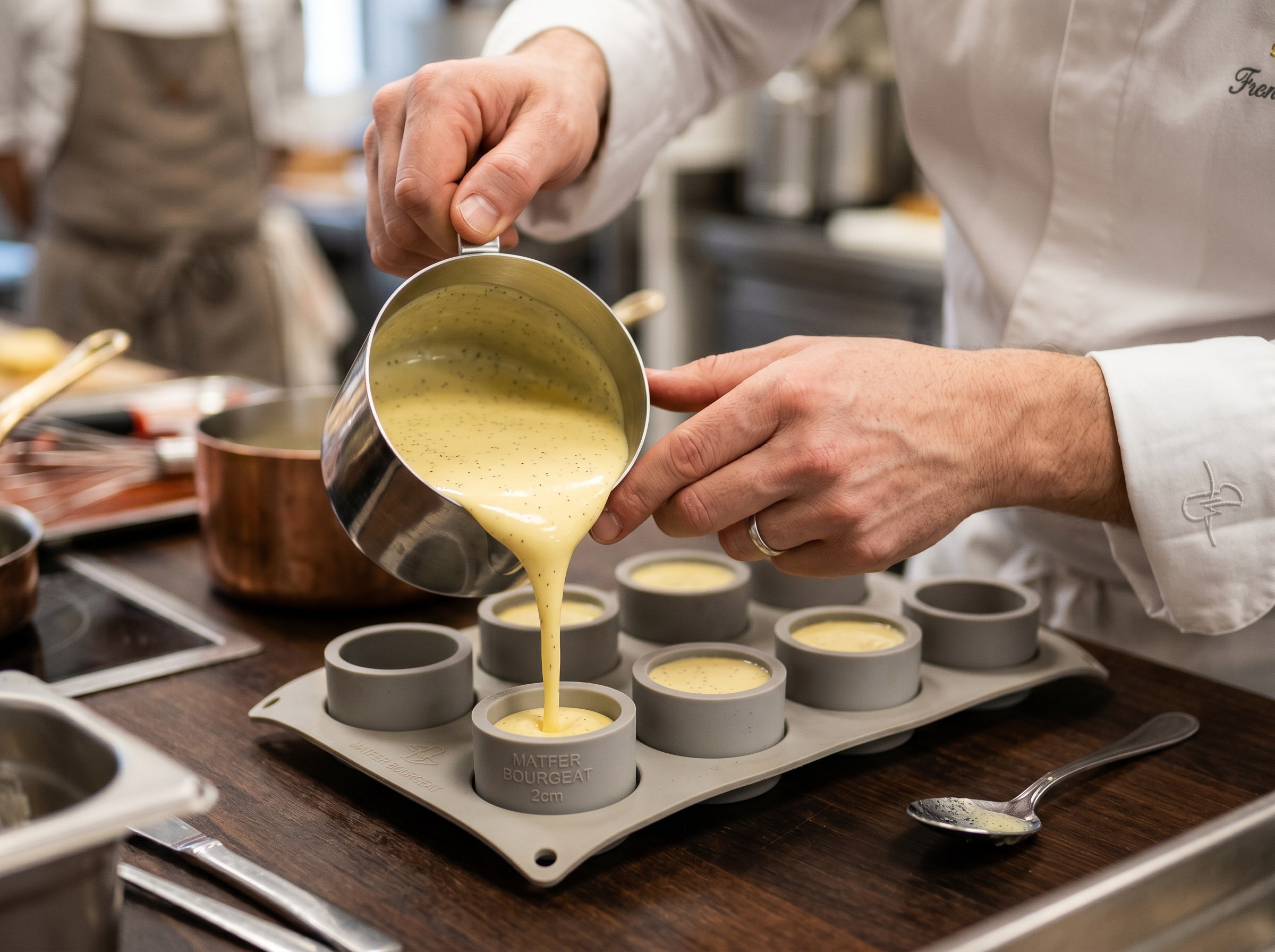 Royale de foie gras siendo vertida en moldes de silicona