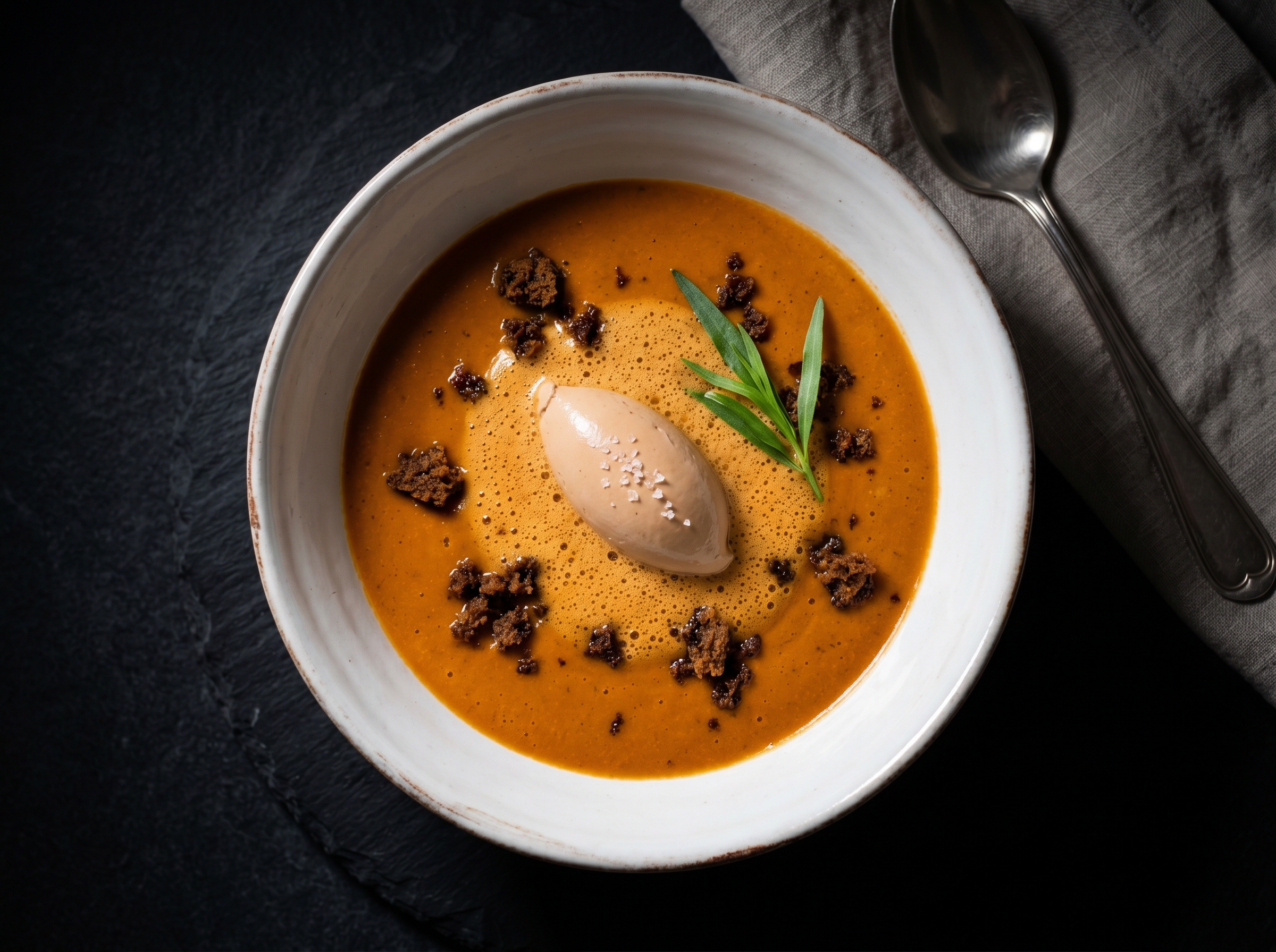 Bisque de bogavante con royale de foie y terra de pan de especias