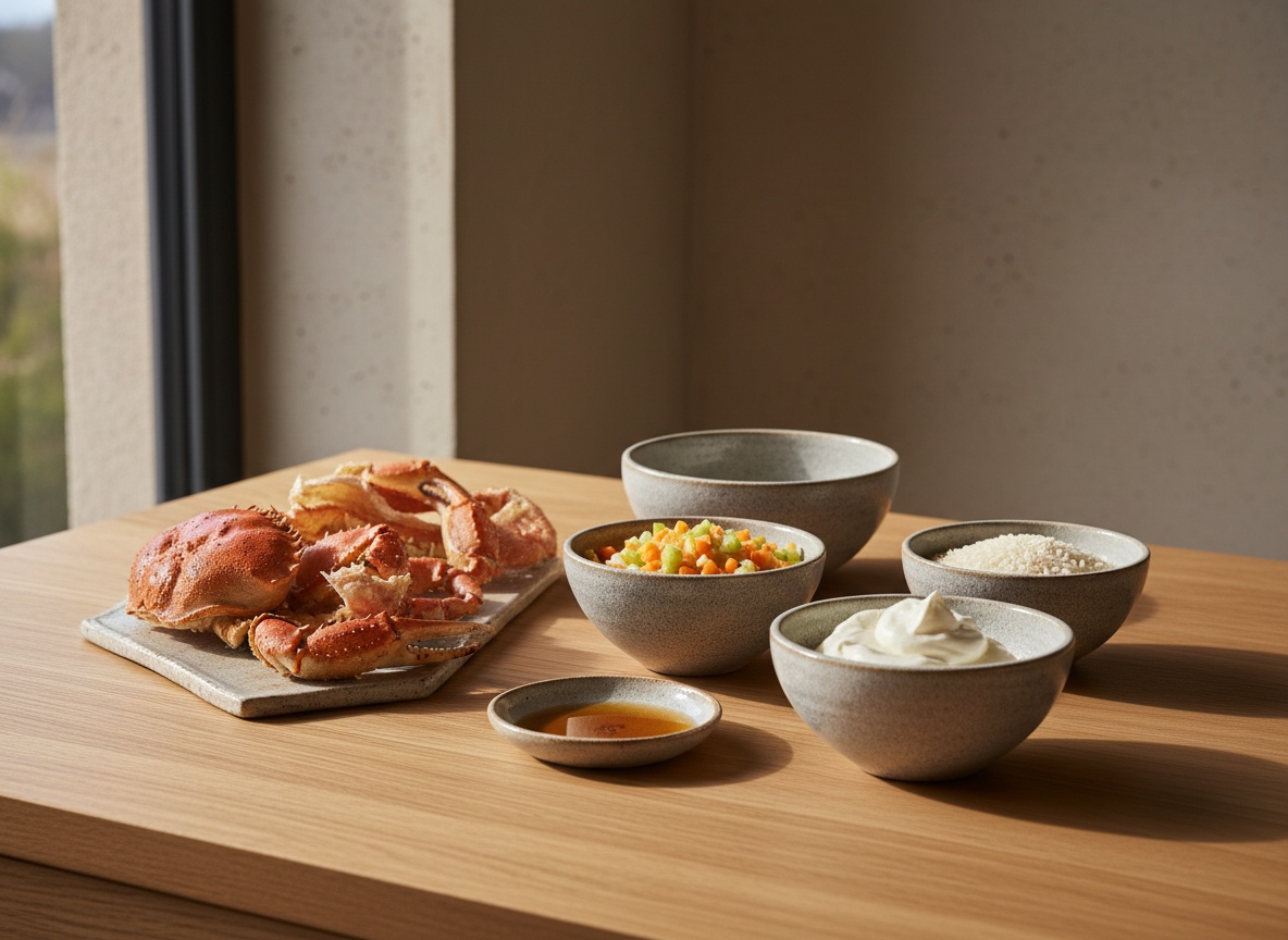 Ingredientes de la bisque de cangrejo vistos de lado en angulo de 45 grados sobre superficie de roble: caparazones de marisco, mirepoix, conac, nata y arroz en cuencos de ceramica gris piedra, con luz natural desde la izquierda.