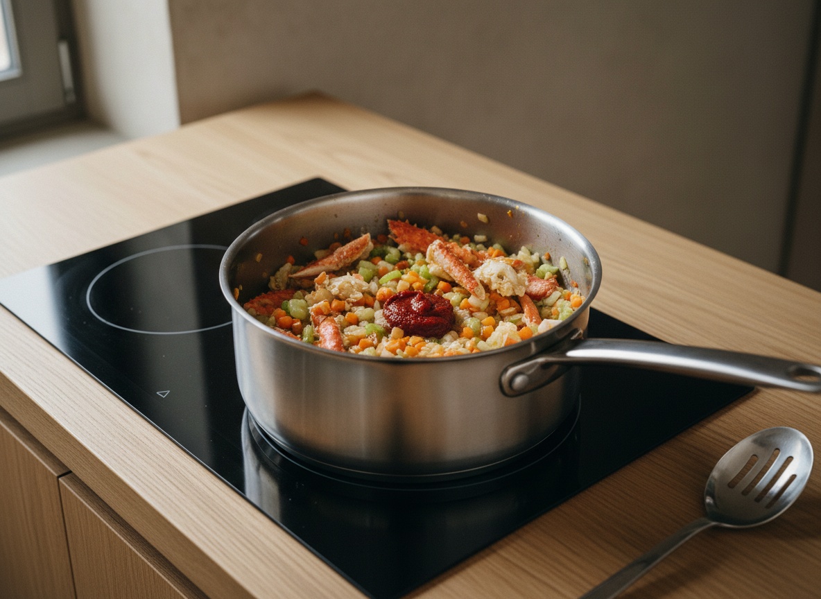 Mirepoix de verduras y concentrado de tomate rehogandose junto a los caparazones en la olla, sobre superficie de roble con luz suave desde la izquierda.
