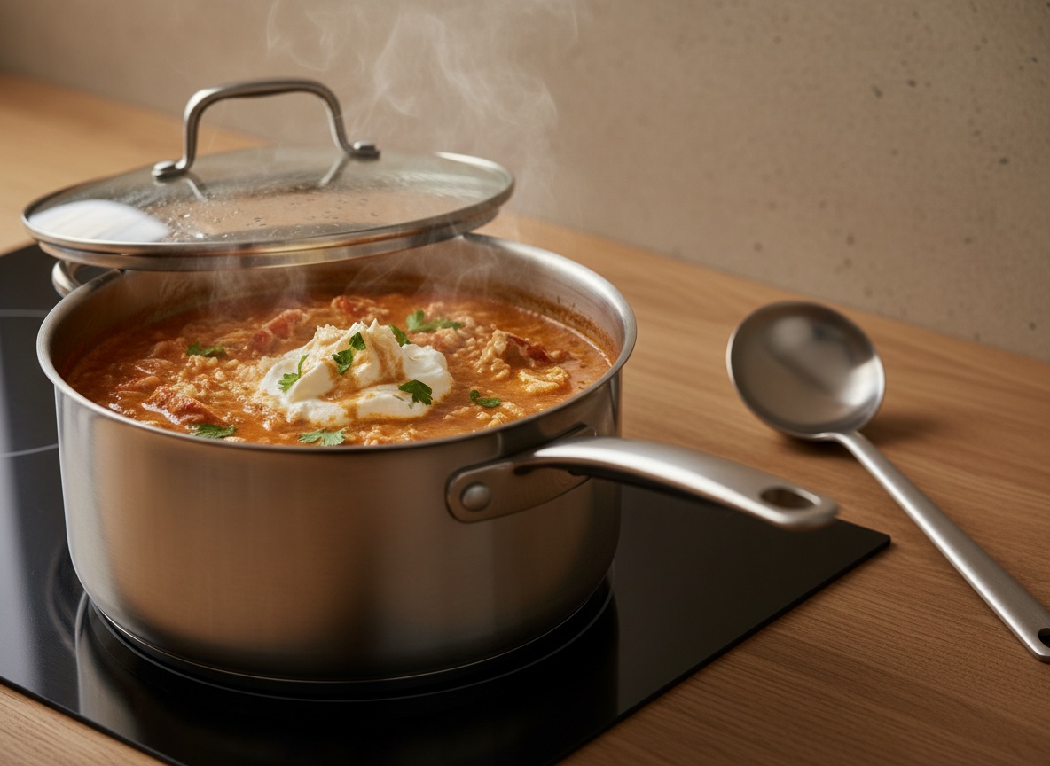 El caldo con arroz y caparazones cociendo a fuego lento en la olla, con vapor tenue, sobre superficie de roble y luz desde la izquierda.