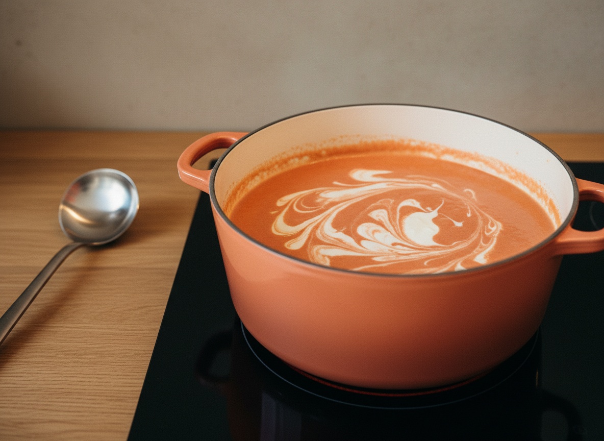 La bisque colada terminada con la nata liquida integrandose en la olla, tono coral brillante, luz suave desde la izquierda.