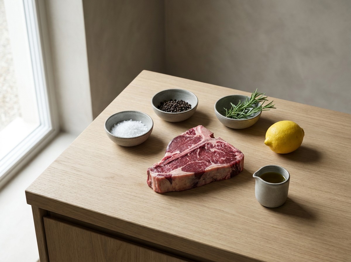 Ingredientes: chuletón de Chianina con hueso en T, sal gruesa, pimienta, romero, limón y aceite de oliva