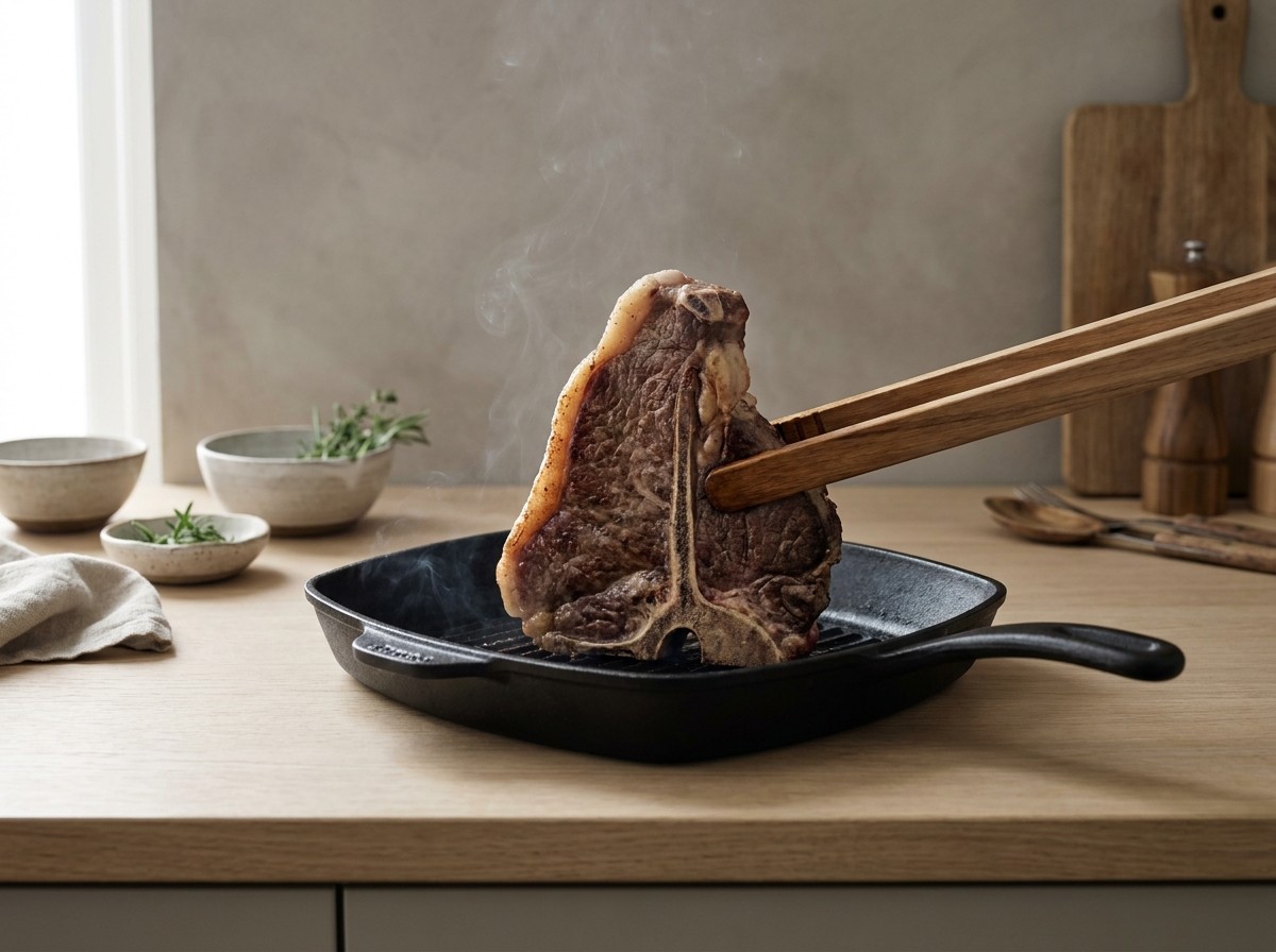 Chuletón de pie sobre el hueso terminando el interior
