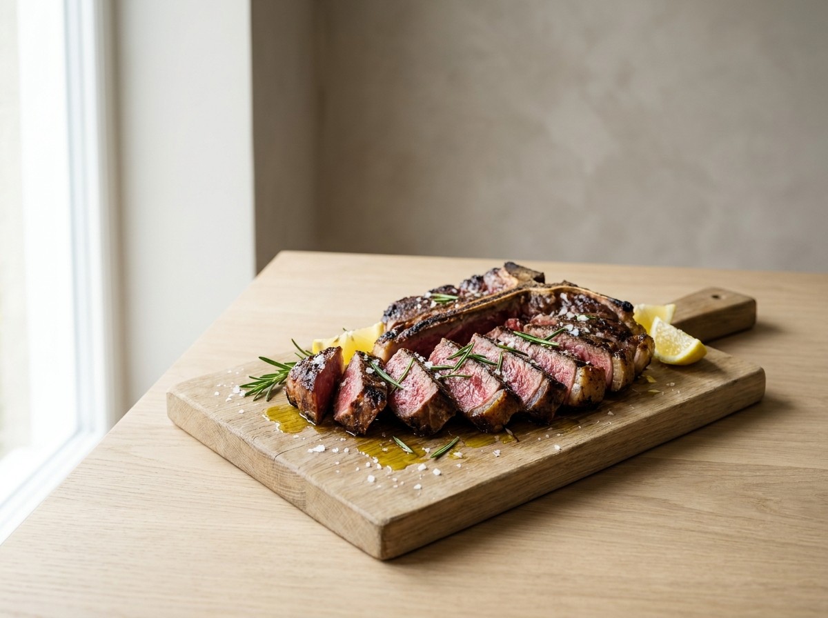 Chuletón de Chianina cortado en lonchas gruesas sobre una tabla de roble, con costra dorada por fuera e interior rojo jugoso, escamas de sal, romero y limón.