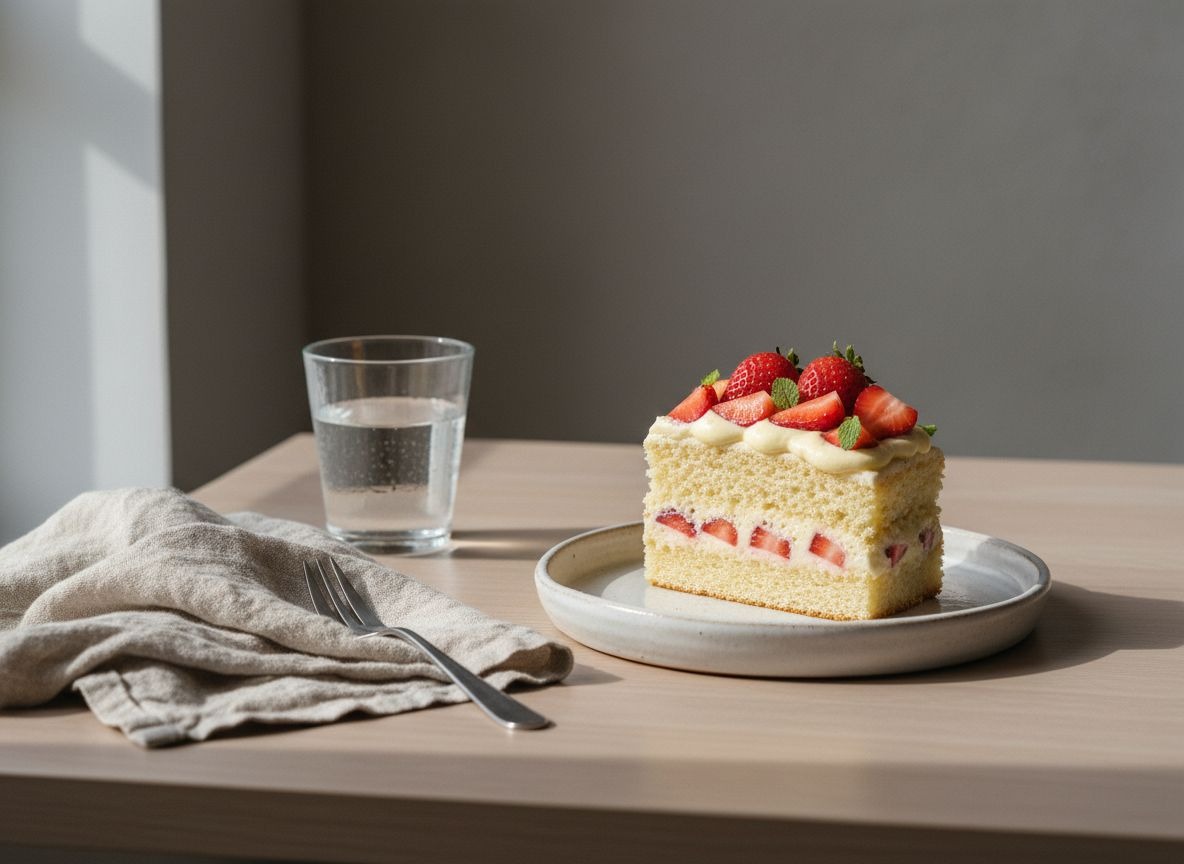 Porción de bizcocho genovés relleno de crema diplomática y fresas sobre plato blanco hueso, capas visibles y fresas frescas encima, luz natural suave desde la izquierda.