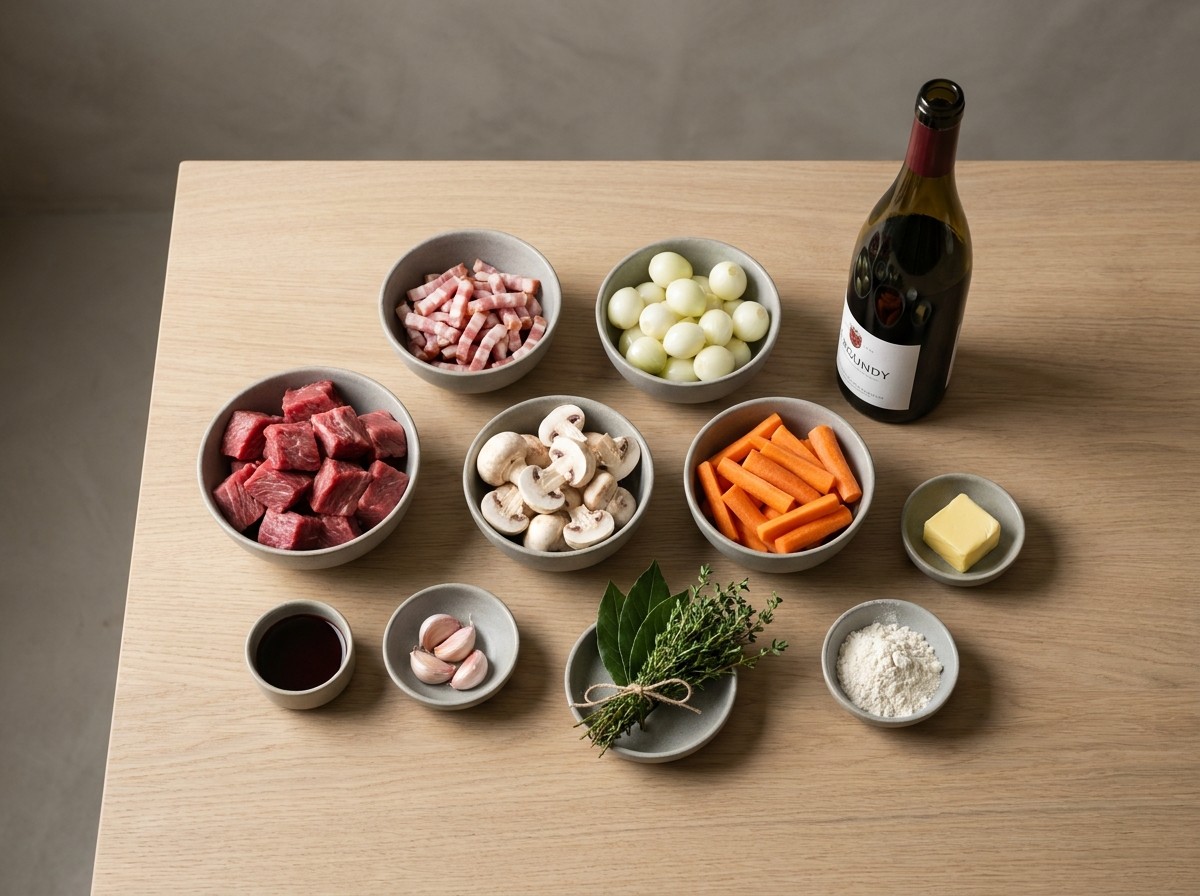 Ingredientes del bœuf bourguignon: carne en dados, lardons, cebollitas, champiñones, zanahoria, vino tinto y bouquet garni