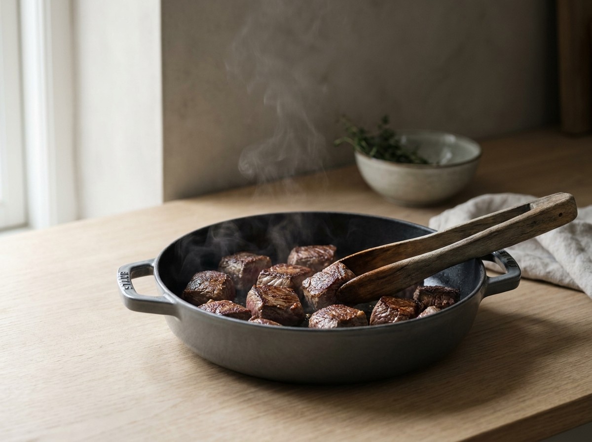 Dados de carne dorándose en la cocotte de hierro fundido