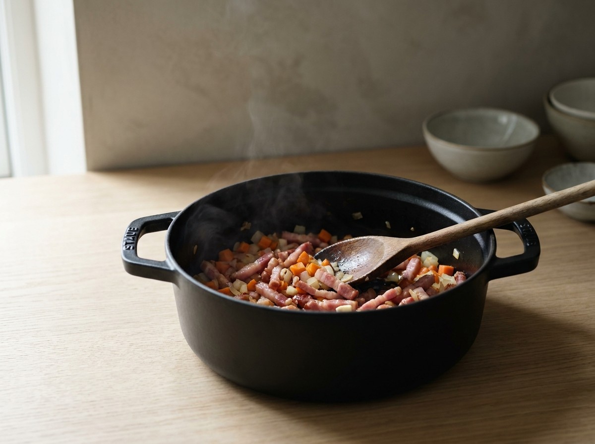 Lardons, cebolla y zanahoria pochándose en la cocotte