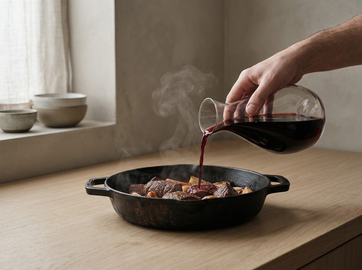 Vino tinto vertiéndose en la cocotte para desglasar
