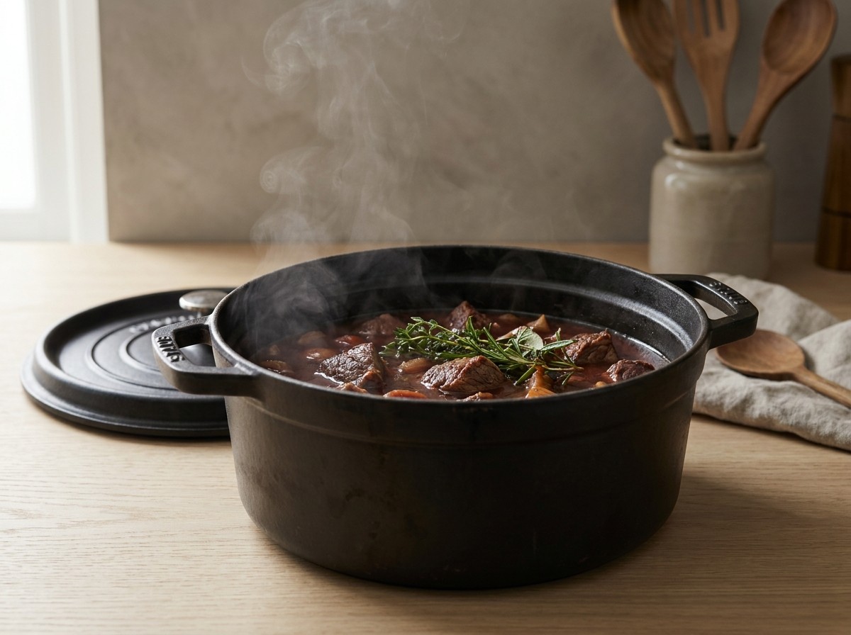 Estofado braseando en la cocotte con el bouquet garni