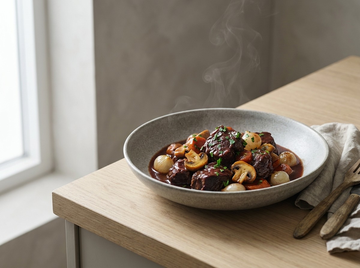Bœuf bourguignon en un cuenco de cerámica gris piedra: trozos de carne en salsa oscura de vino con cebollitas glaseadas, champiñones dorados y perejil.