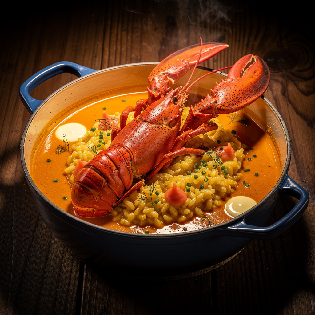 Bogavante azul bretón en bisque naranja brillante de coral con arroz bomba meloso y mantequilla de coral en cazuela de hierro esmaltada sobre mesa de madera oscura
