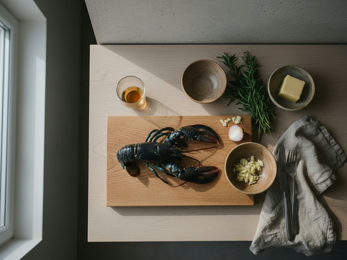 Ingredientes del bogavante al horno: bogavante, mantequilla, estragón, chalota y limón