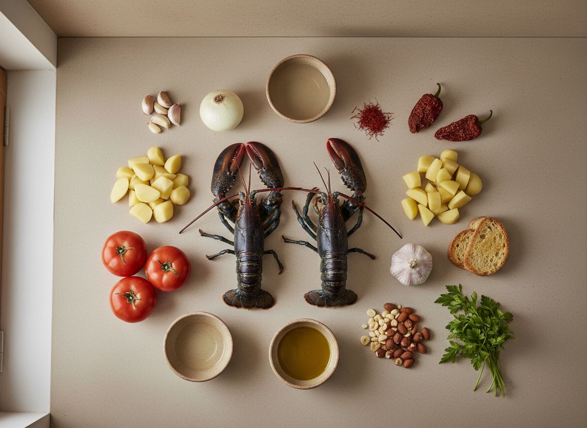 Mise en place del bogavante en suquet: bogavantes, patata, tomate, noras, azafran y picada