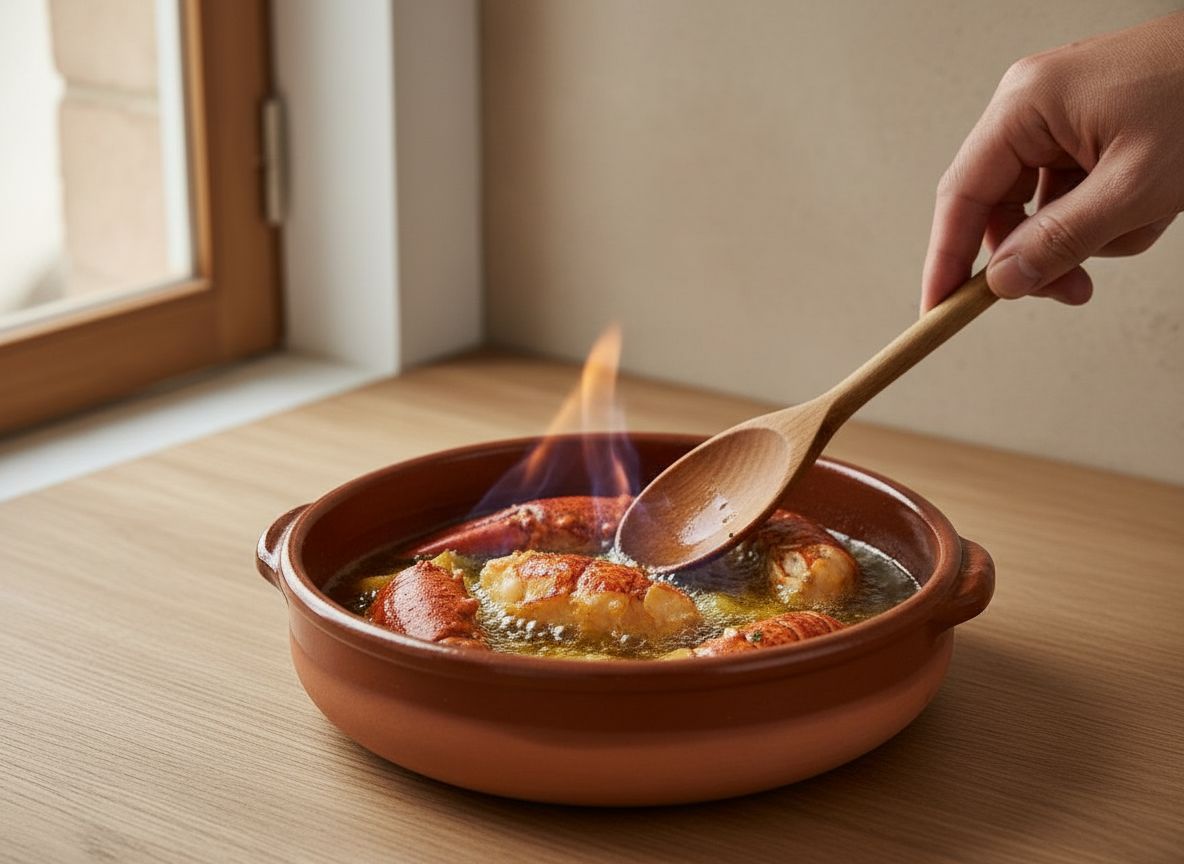 Sellado y flambeado de los trozos de bogavante en la cazuela de barro