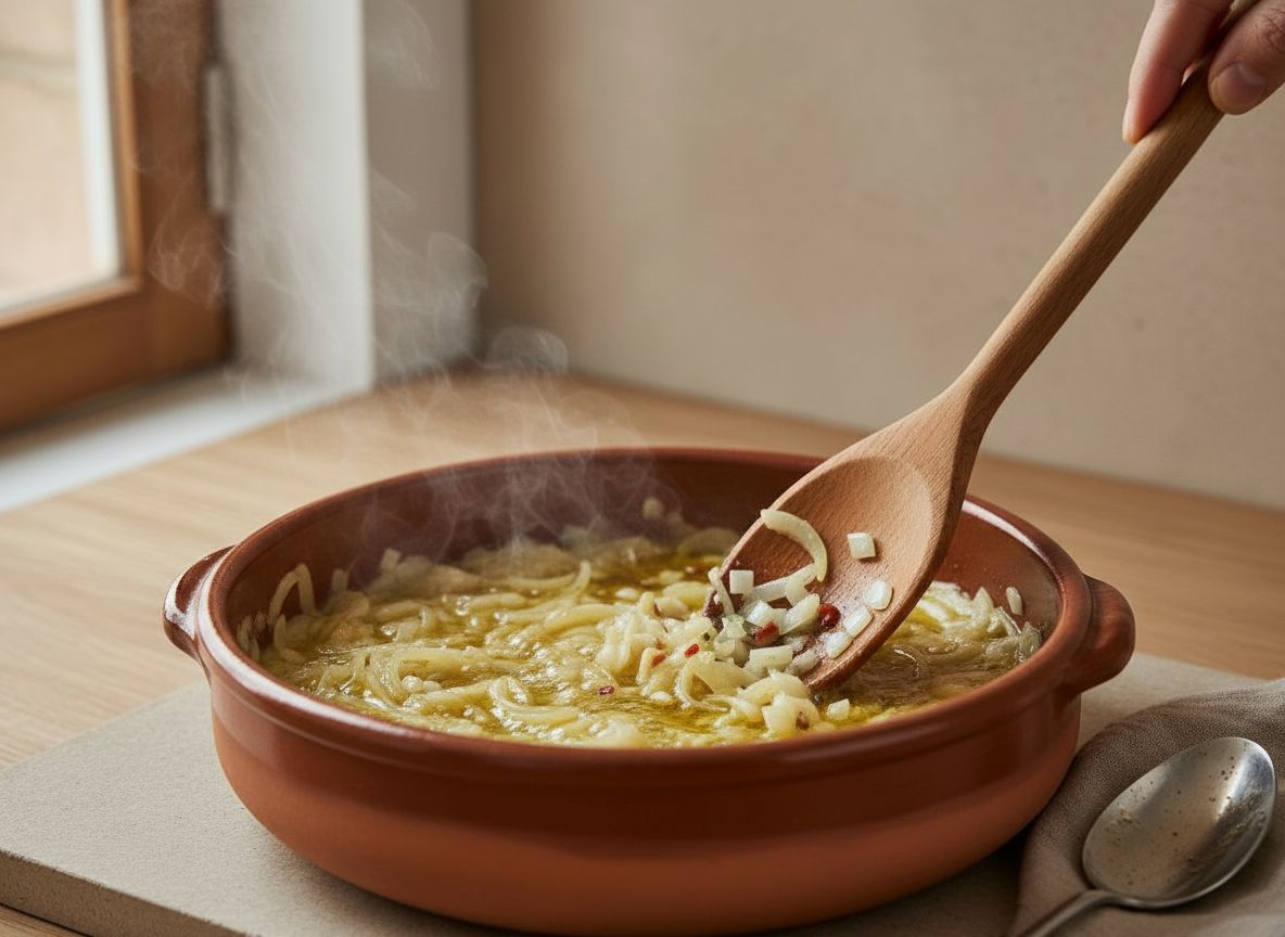 Sofrito de cebolla, ajo y nora dorandose en la cazuela