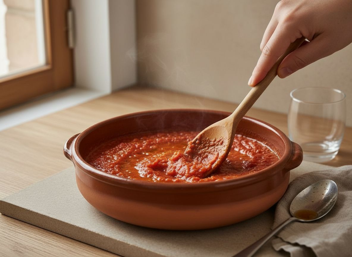 Tomate rallado reduciendose en el sofrito hasta que sube el aceite