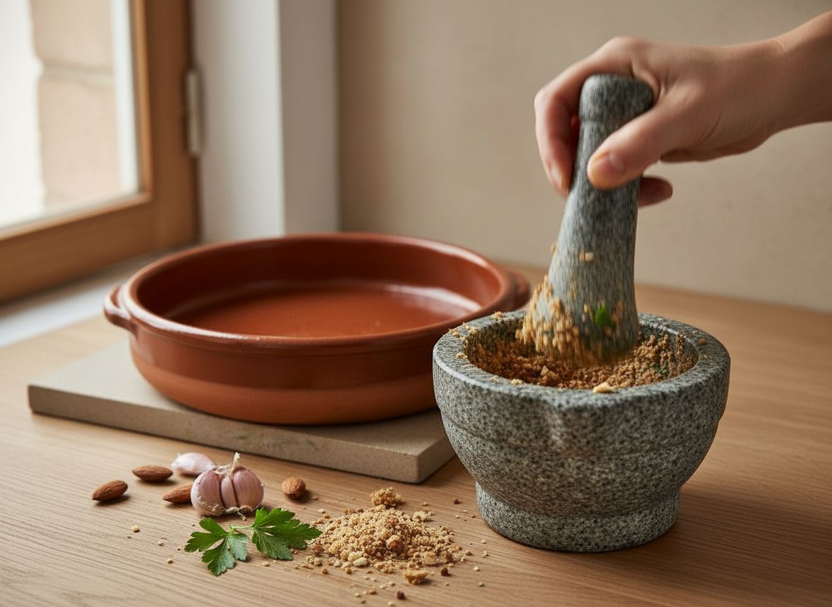 Picada de almendra y avellana majada en el mortero de piedra