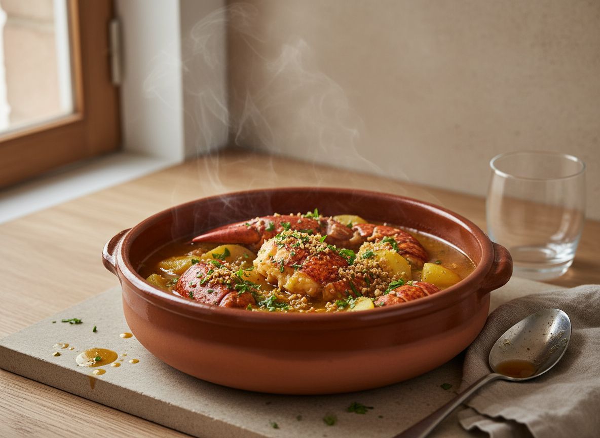 Bogavante en suquet terminado en cazuela de barro con patata, picada y perejil